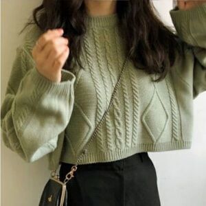 Mao Ye Sky Sage Pastel Green Cable Knit Cropped Sweater